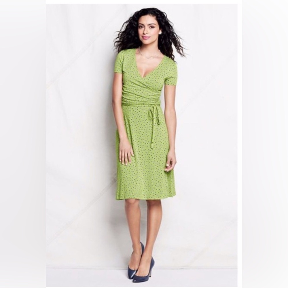 Lands’ End XS Dress Knit Surplice Faux Wrap Belted Lime Navy Polka Dots Preppy